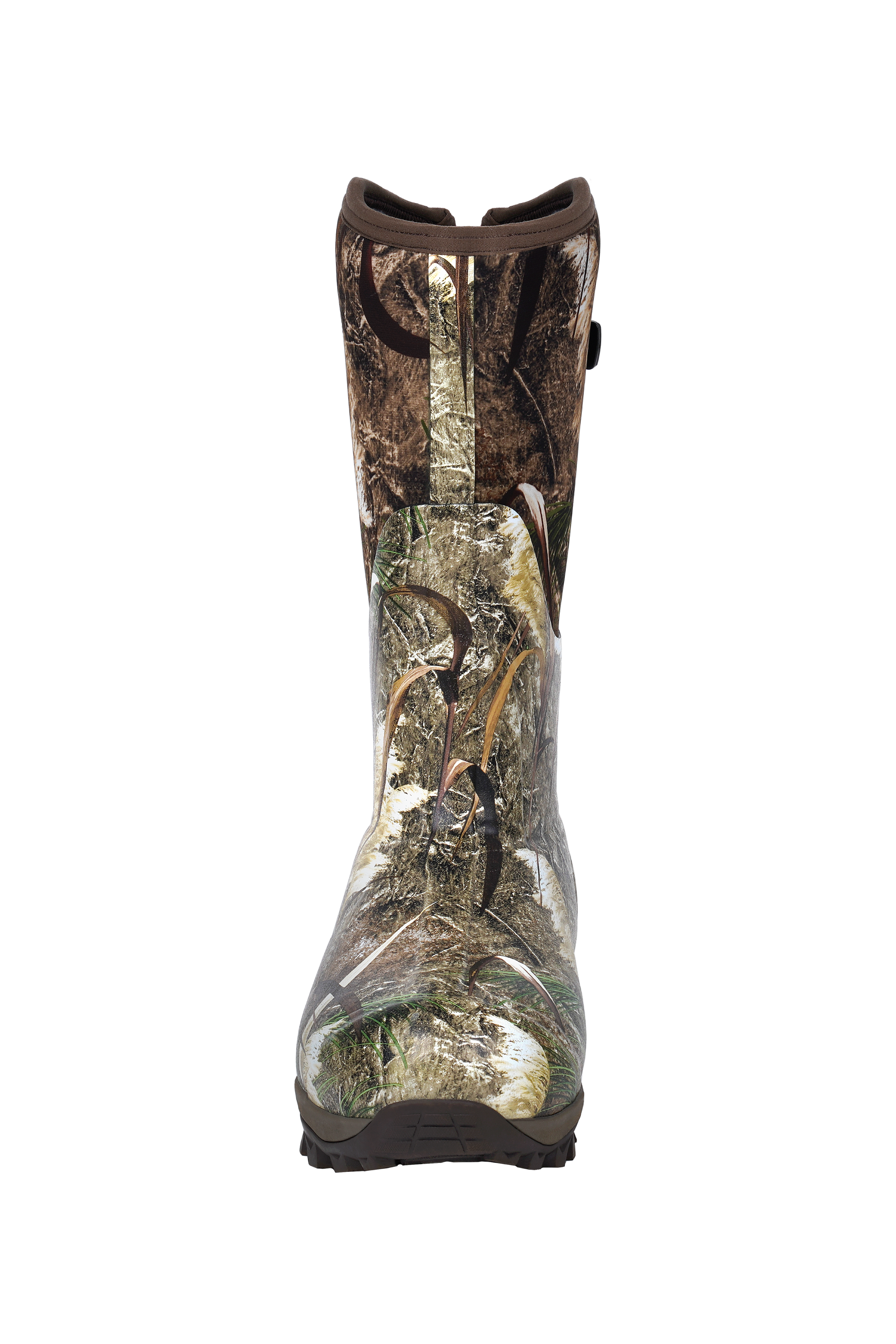 alt="Front view of Trudave TrailGuard Series men’s tall waterproof insulated hunting boots in Reed Grass color showing reinforced toe cap, high shaft design, durable rubber construction, and insulated waterproof build for cold-weather hunting and outdoor use"